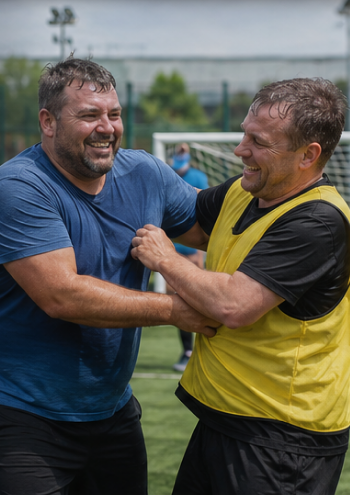 Footballers celebrating on a five-a-side pitch
