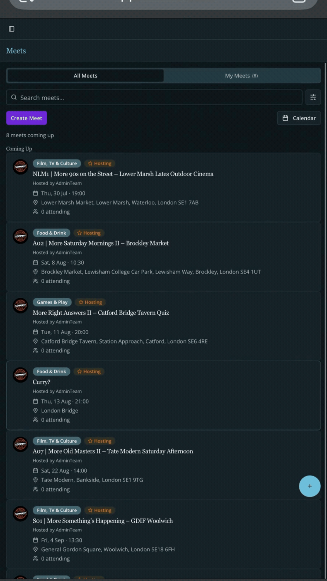 Steeev app showing upcoming meets